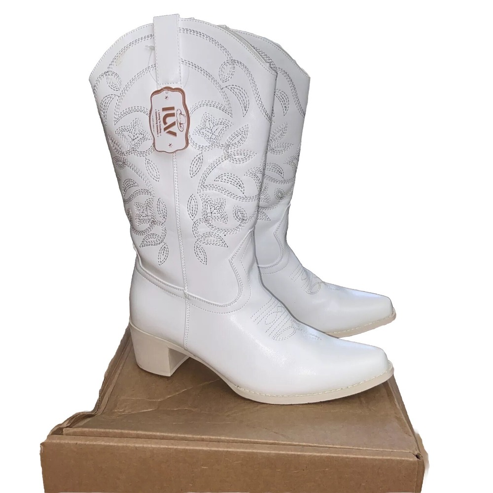 Luv Women's Western Cowgirl Boots White Size 8.5 Mid-Calf Embroidered Rodeo